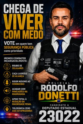 Chega de viver com medo — vote em quem tem segurança pública como prioridade — policial Rodolfo Donetti, candidato a deputado estadual 23022
