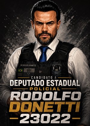 Pôster do policial Rodolfo Donetti de colete tático, candidato a deputado estadual 23022