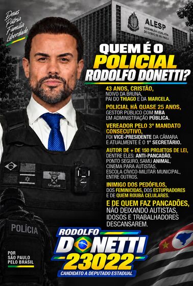 Quem é o policial Rodolfo Donetti — 43 anos, cristão, pai do Thiago e da Marcela, policial há quase 25 anos, vereador no 3º mandato e autor de mais de 150 projetos de lei; candidato a deputado estadual 23022