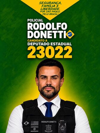 Policial Rodolfo Donetti de colete, candidato a deputado estadual 23022 — Por São Paulo, pelo Brasil