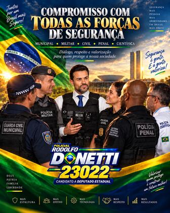 Policial Rodolfo Donetti, candidato a deputado estadual 23022, ao lado de agentes da Guarda Civil Municipal, Polícia Militar, Polícia Civil, Polícia Penal e Polícia Científica — compromisso com todas as forças de segurança