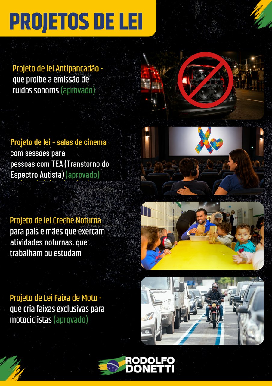 Projetos de lei — antipancadão, sessões de cinema para pessoas com TEA, creche noturna, faixa de moto