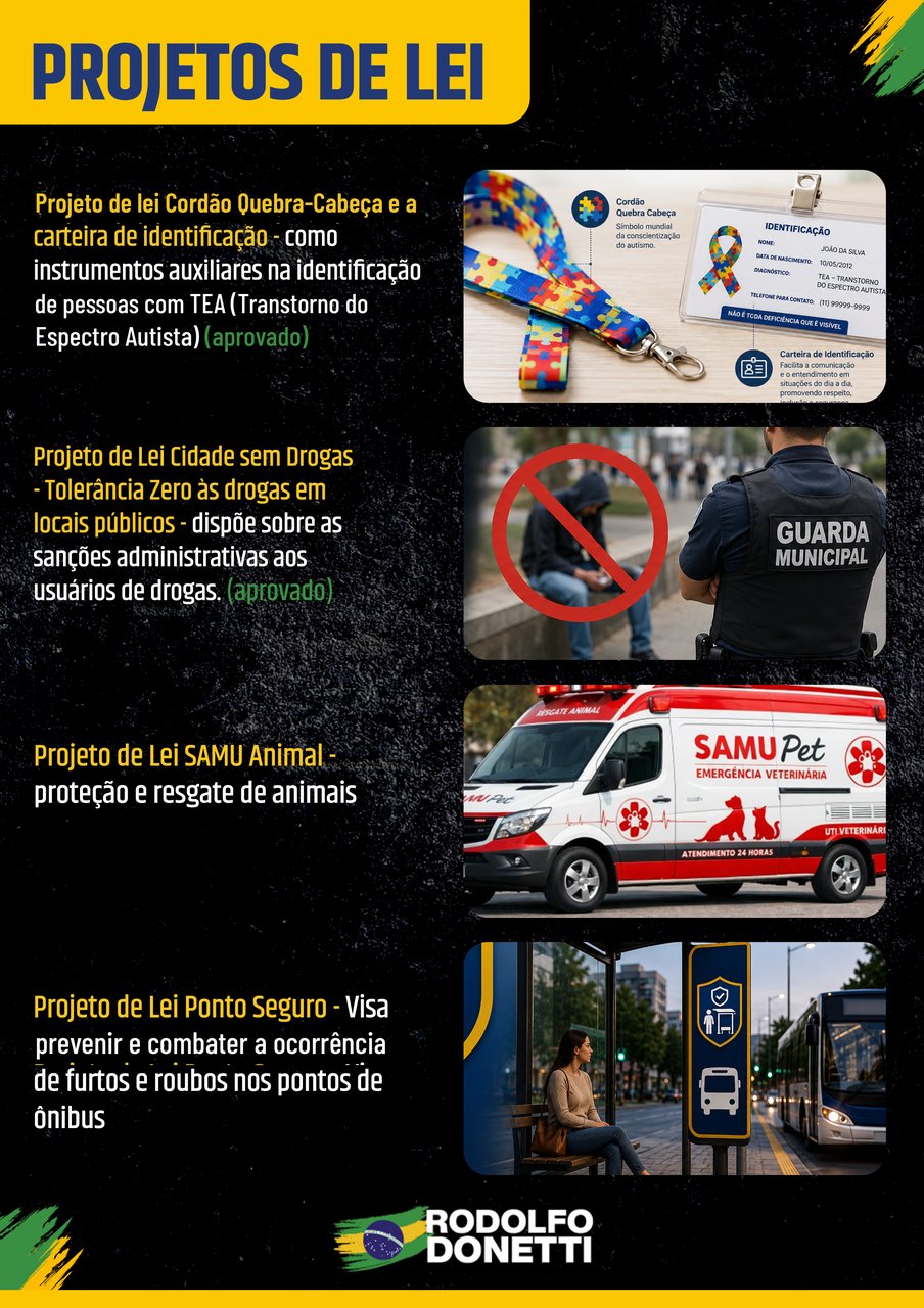 Projetos de lei — cordão quebra-cabeça, cidade sem drogas, SAMU animal, ponto seguro
